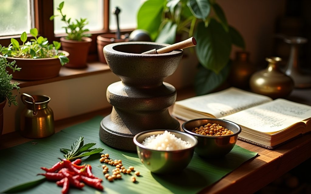 Home cook's kitchen counter with a stone grinder, soaked rice and urad dal in steel bowls, curry leaves and a brass lamp in warm morning light