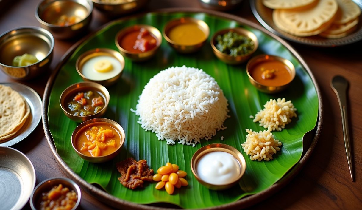 Banana leaf laid with a full sadya of rice, avial, thoran, sambar, pickles, pappadam and payasam