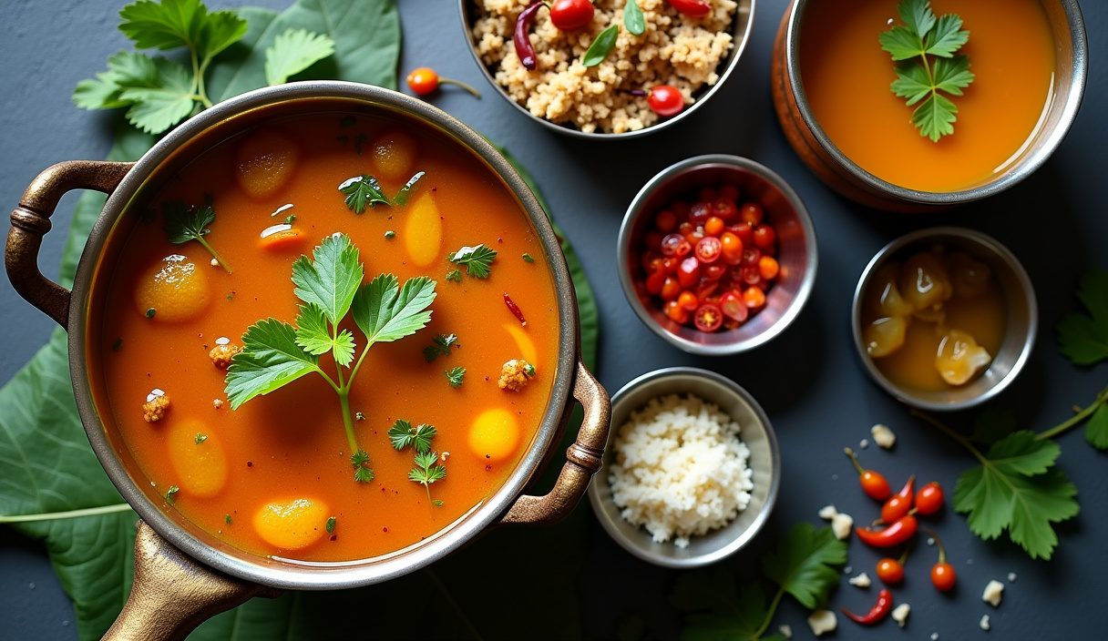 Bowls of sambar, rasam and three coconut chutneys arranged beside curry leaves and dried chillies