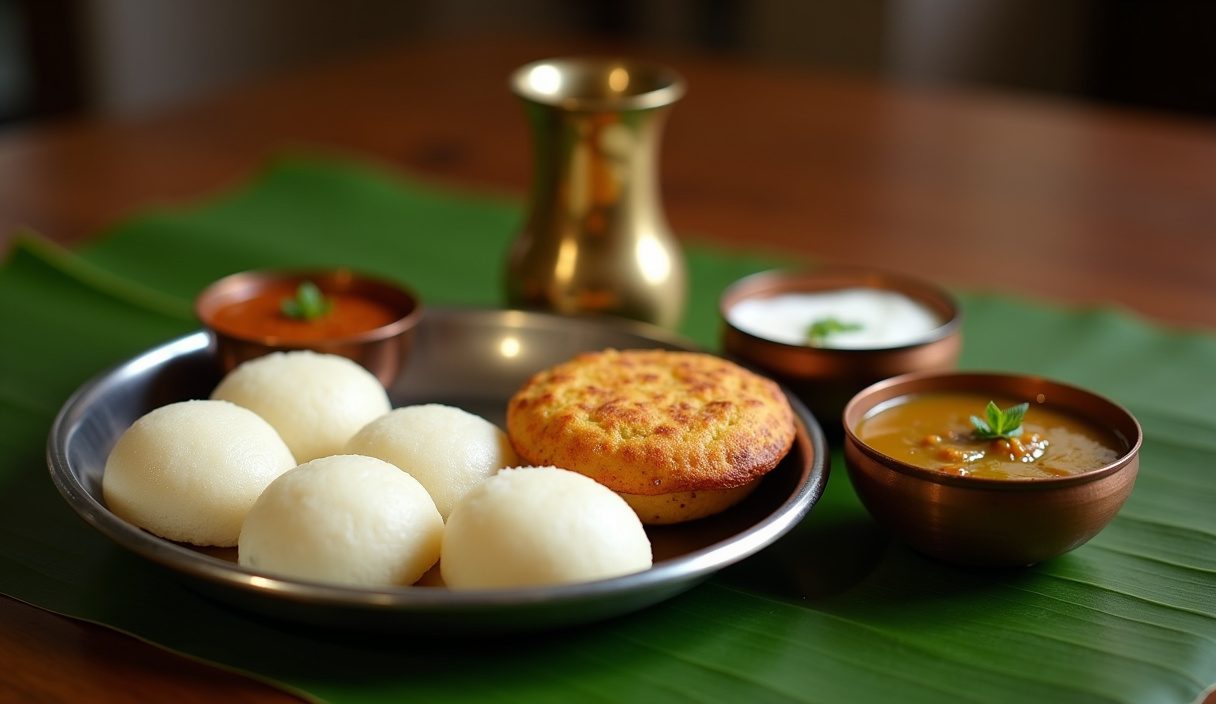 Steel tiffin plate with idli, medu vada, coconut chutney and sambar beside a brass coffee tumbler