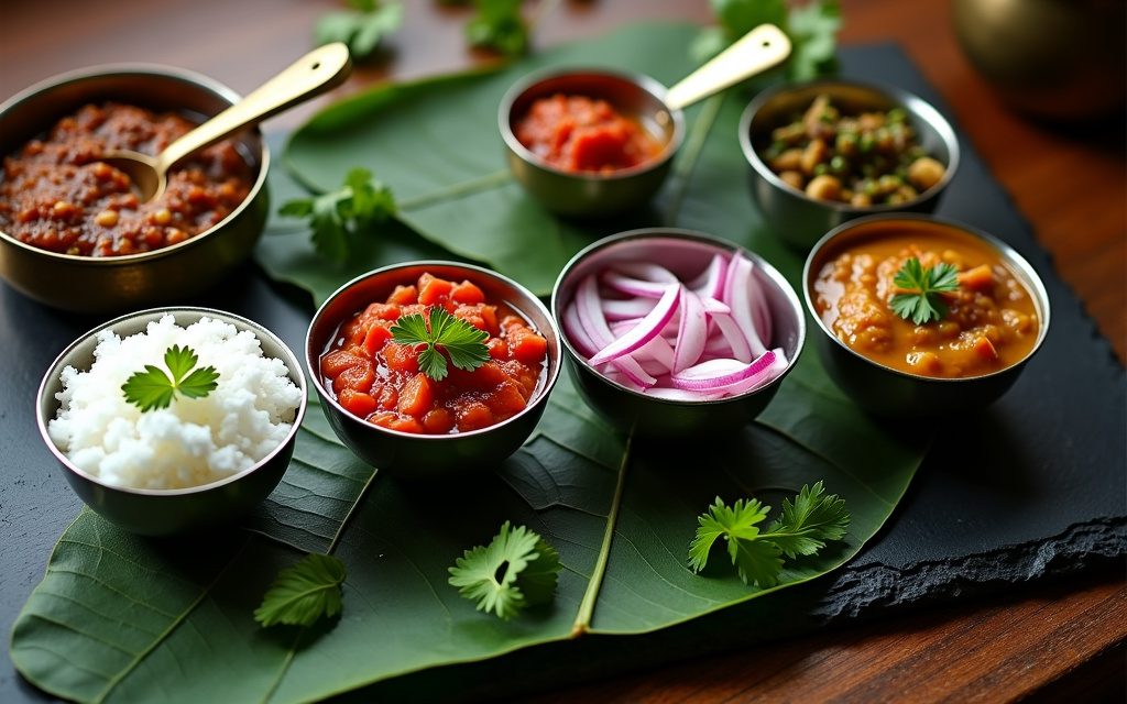 Five small steel bowls of coconut, tomato, coriander, peanut and onion chutney arranged on dark slate