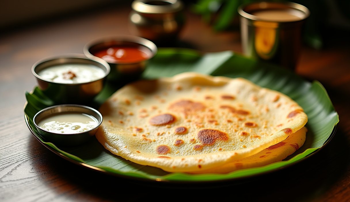 Crisp golden dosa on a steel plate with coconut chutney, sambar and a tumbler of filter coffee on a banana leaf