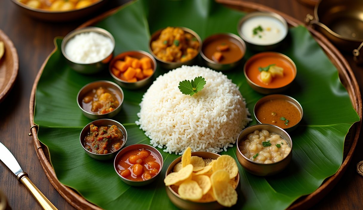Full Onam sadya on a banana leaf with rice surrounded by avial, thoran, sambar, pickles and pappadam