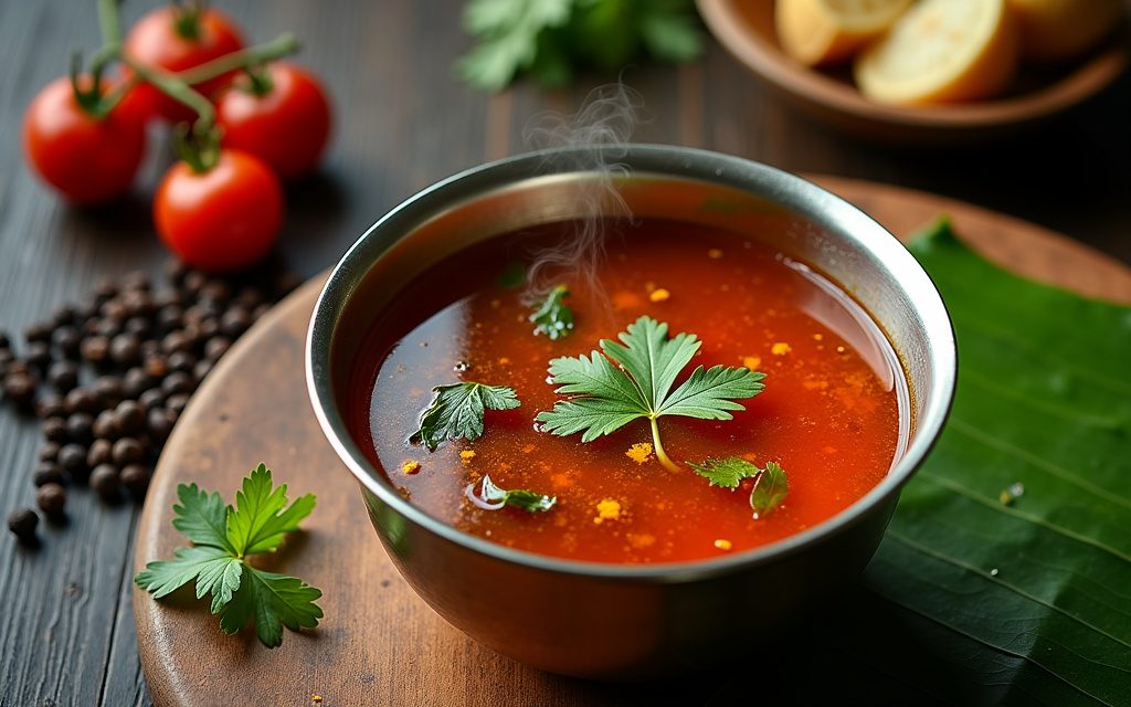 Steel bowl of clear reddish rasam with curry leaves floating on top beside peppercorns and tomatoes