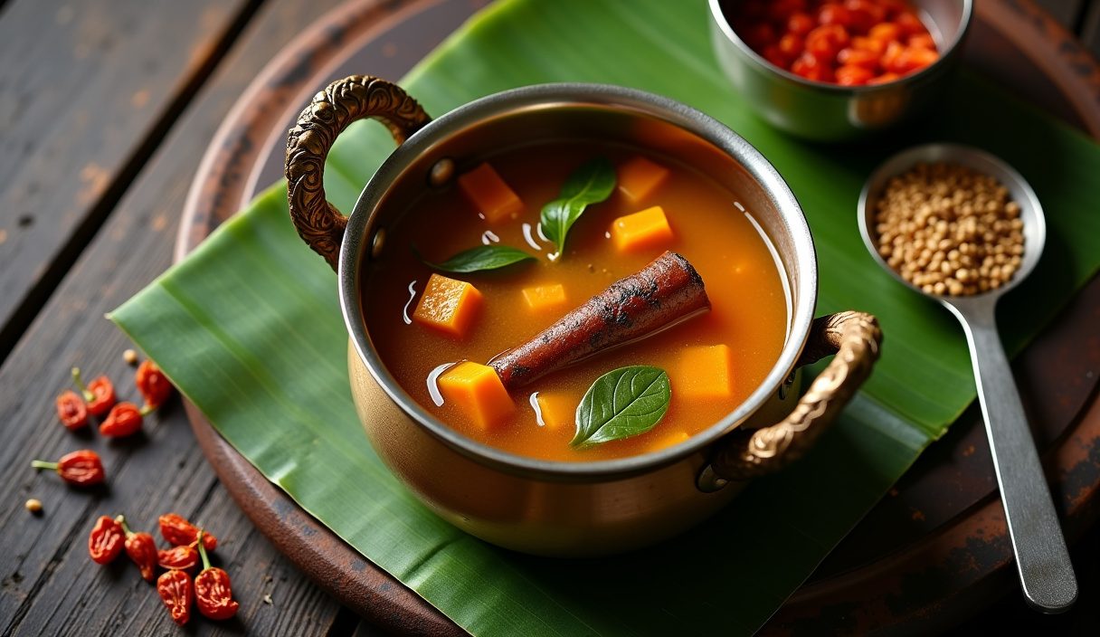 Brass pot of sambar with drumstick and shallots beside a tempering ladle, tamarind and dried red chillies