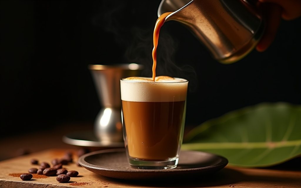 South Indian filter coffee poured in a long stream between a steel tumbler and davara with thick foam